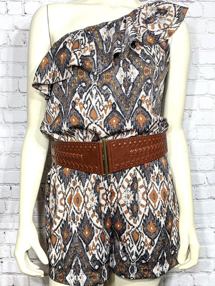 Mind Code Orange Gray One Shoulder Romper Medium - image 2